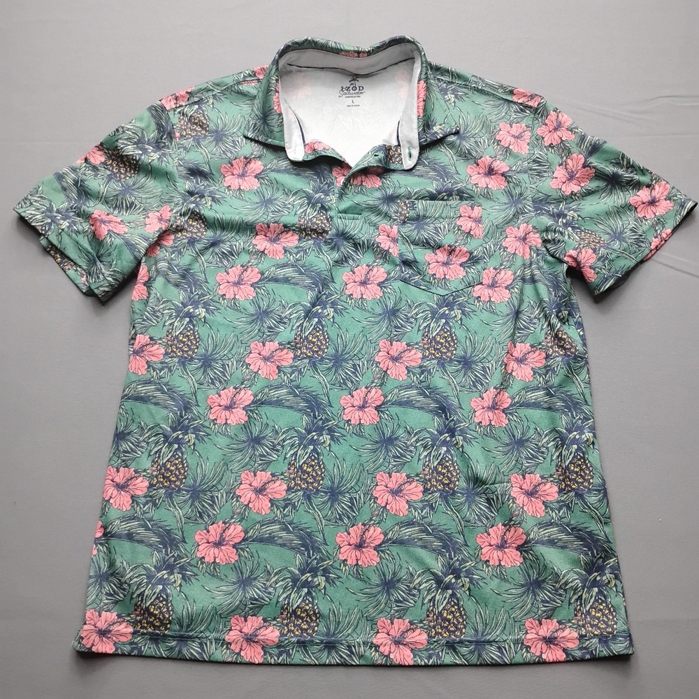 Izod Saltwater Sunshield Pro Mens Large Green Tropical Pineapple Hibiscus Polo